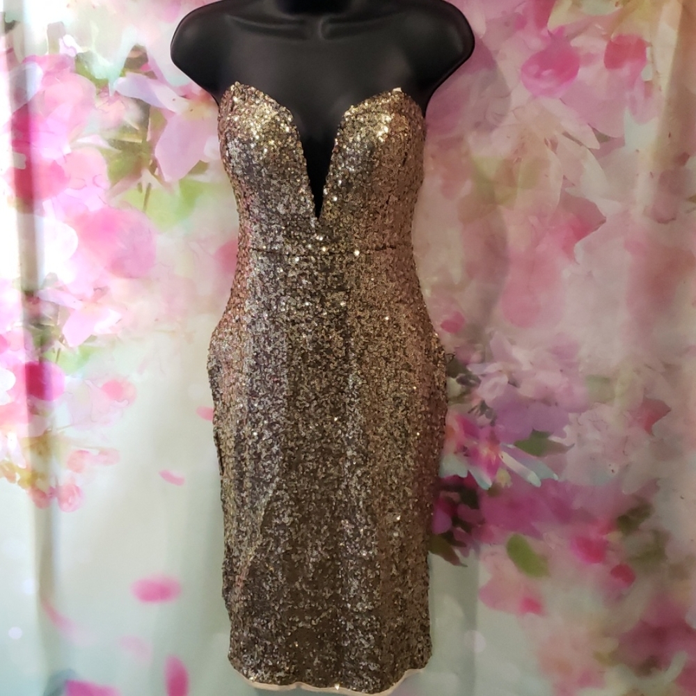 Gold Sequin Strapless Midi Dress